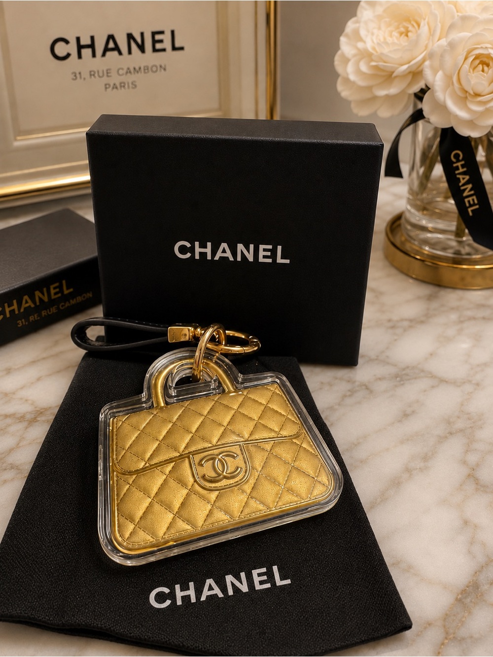 Chanel Gold Quilted Mini Bag Key & Card Holder Charm